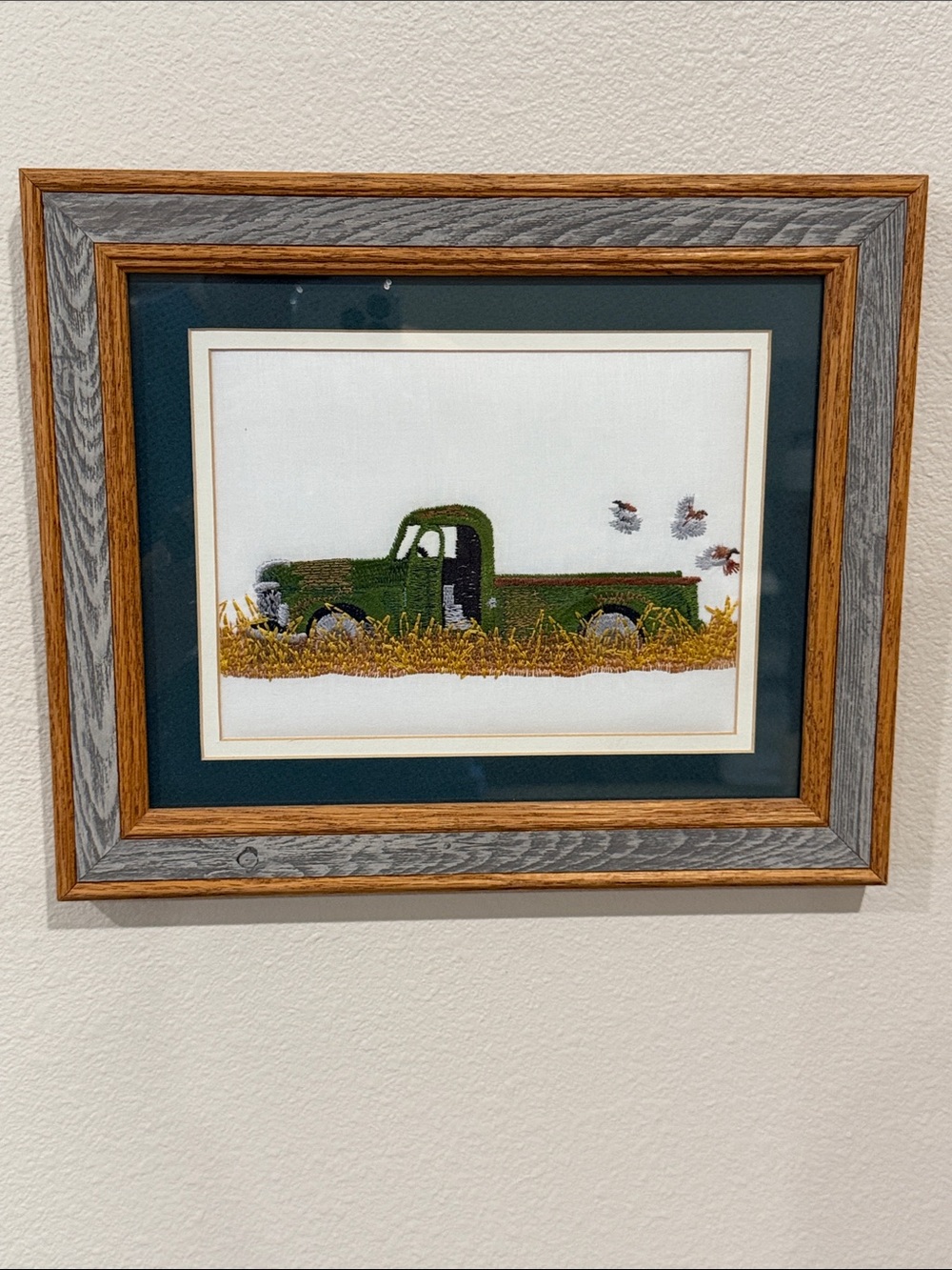 Vtg Needlepoint Embroidered Green Truck Crewel Barn wood Frame Wall Hanging